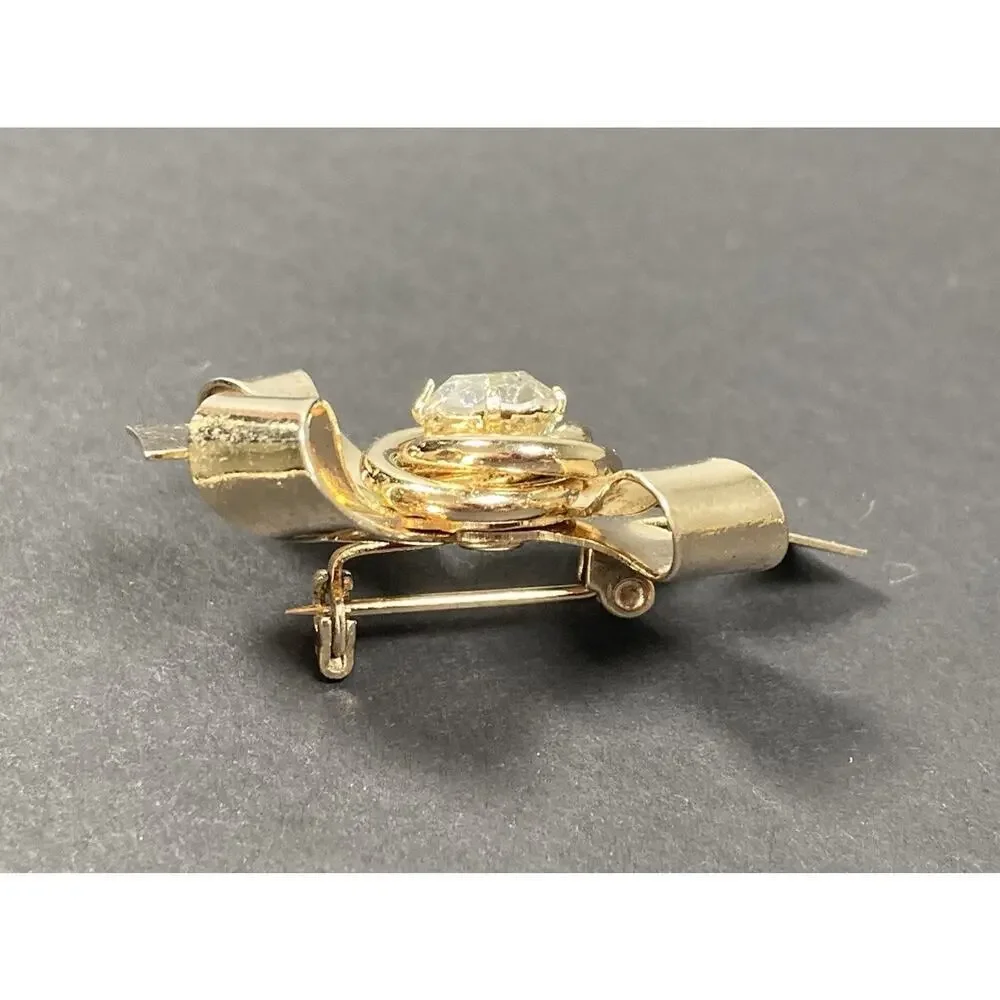Vintage Coro Flower and Bow Brooch Gold Tone Clear Crystal Center Signed